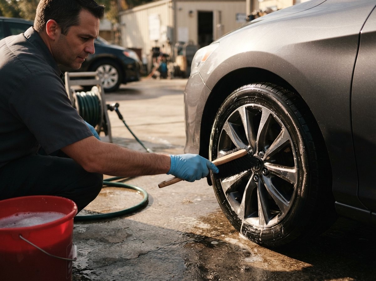 A gloved hand working a soft wheel brush around the spokes of an alloy wheel on the same dark sedan, a bucket of suds