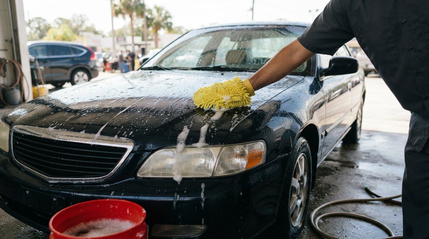 A hand in a bright yellow soapy wash mitt dragging across the wet, sunlit hood of a clean dark sedan in an open wash bay