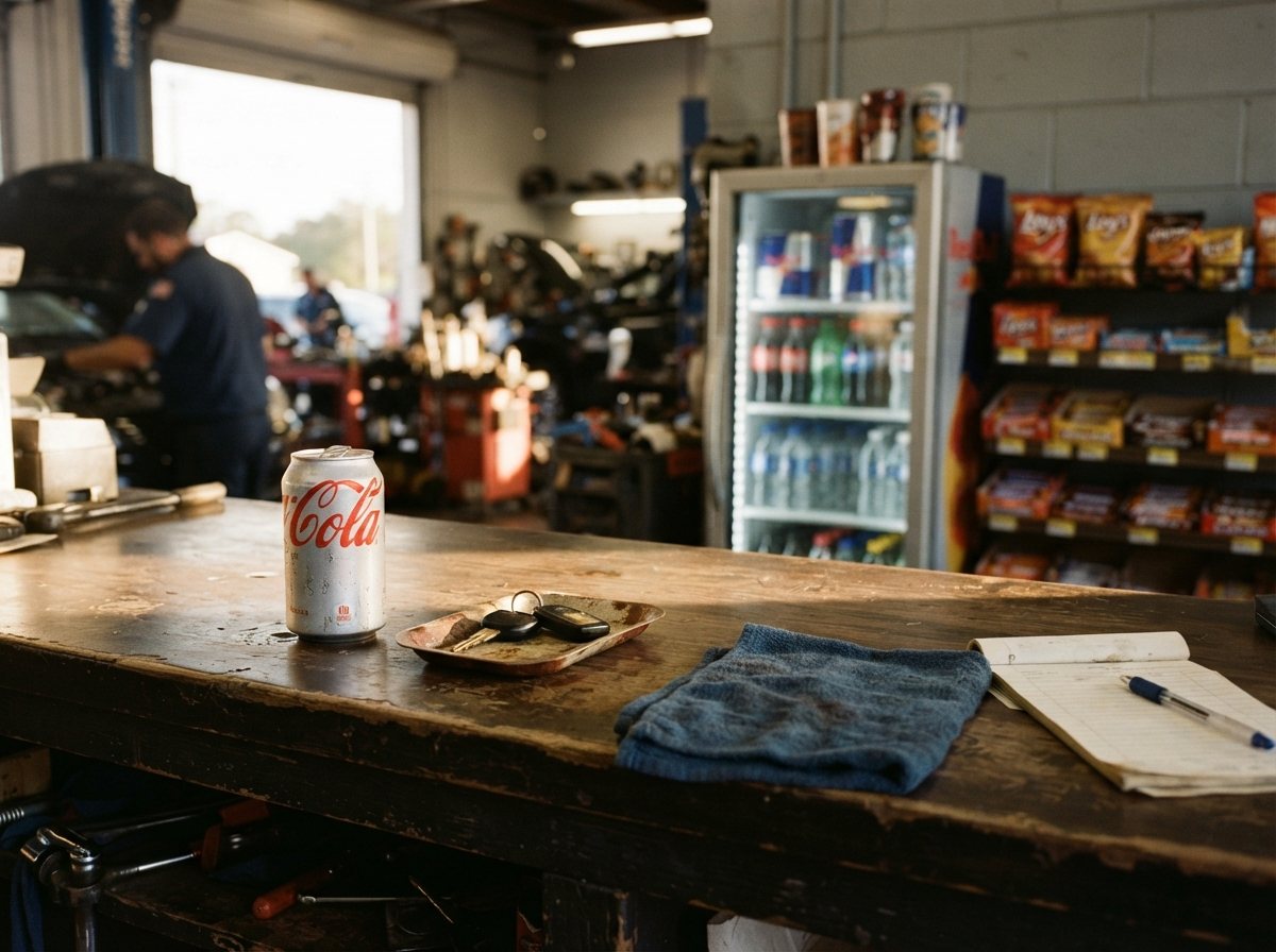 A shop counter with a cold canned drink sweating on it beside a small tray of car keys, a lit cooler of drinks and a rack